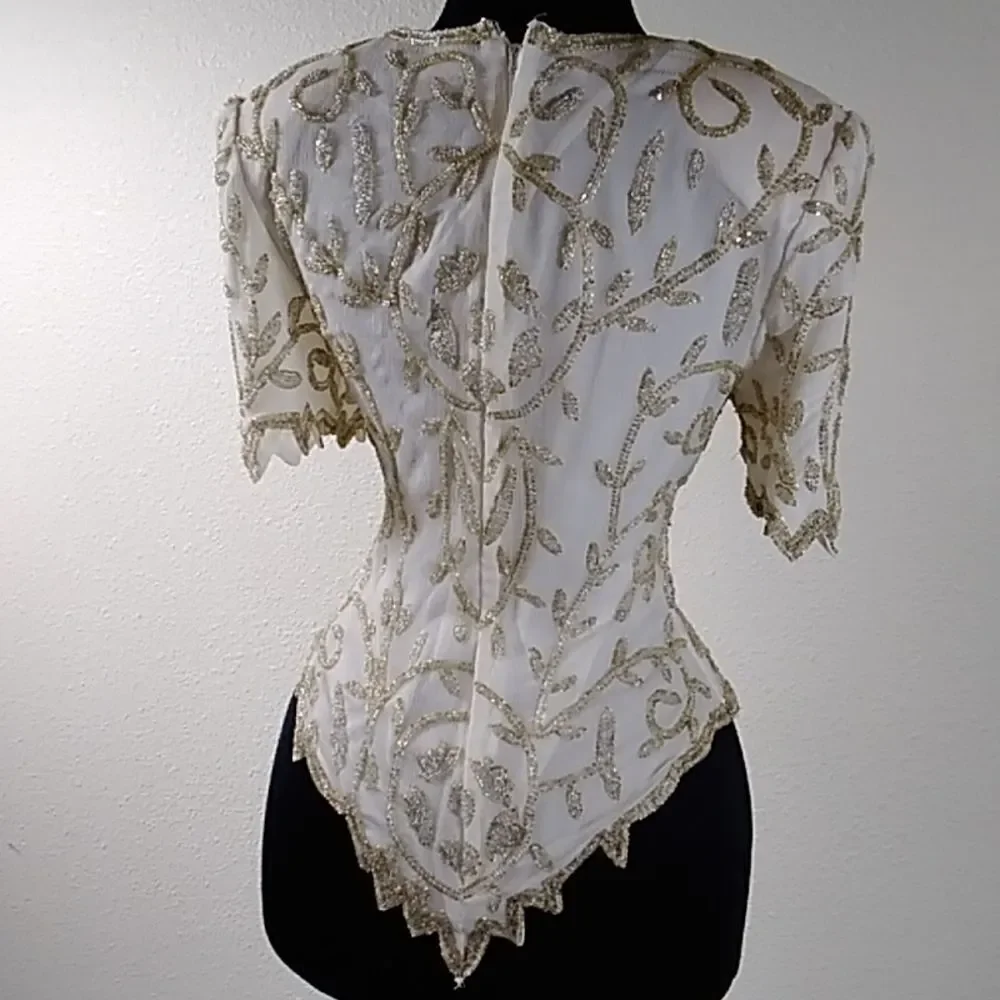 VTG Laurence Kazar New York Silk Gold Formal SquinWomen Top Blouse Size SP